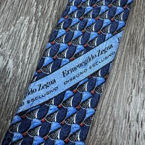 Ermenegildo Zegna Men's Silk Tie Blue Red Geometric Pattern Made In Italy